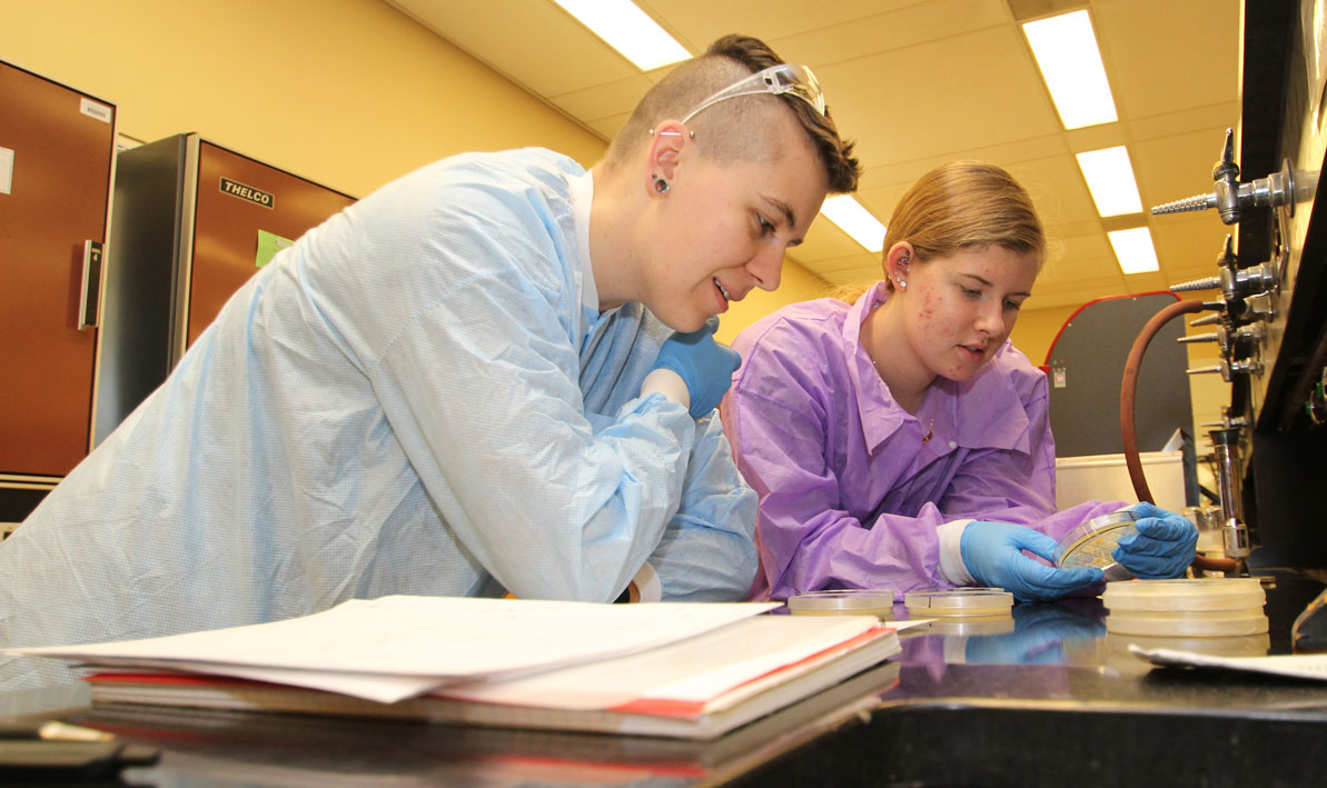 Honors biology lab partners Shayla Fiedler from Longmeadow and Ariana Shannon from Beckett look over a petri dish containing strains of bacteria. 