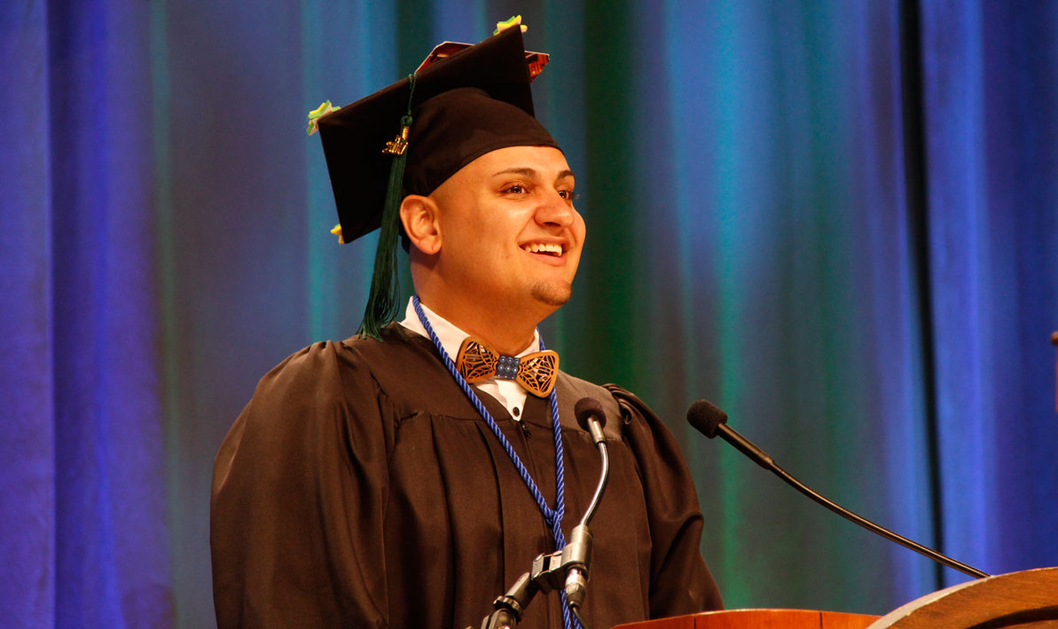 Student orator Jonathan Mendez gives a speech at Commencement 2017.