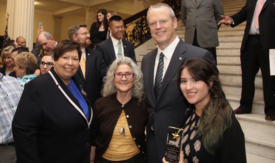 HCC student Jasmine Errico, far right, poses with Gov. Charllie Baker, her grandmother and HCC president Christina Royal, far left, after receiving a 29 Who Shine award from the Dept. of Higher Education at the State House Friday.