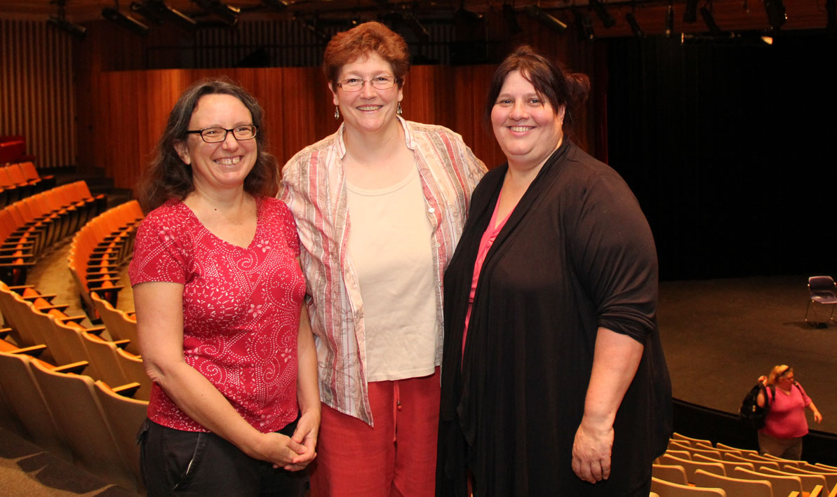 HCC alumni and 24 Hour Play Festival organizers Linda Eger-Fitzel, '83, Denise Boutin, '77, and Lisa Poehler, '84, in the Leslie Phillips Theater.   