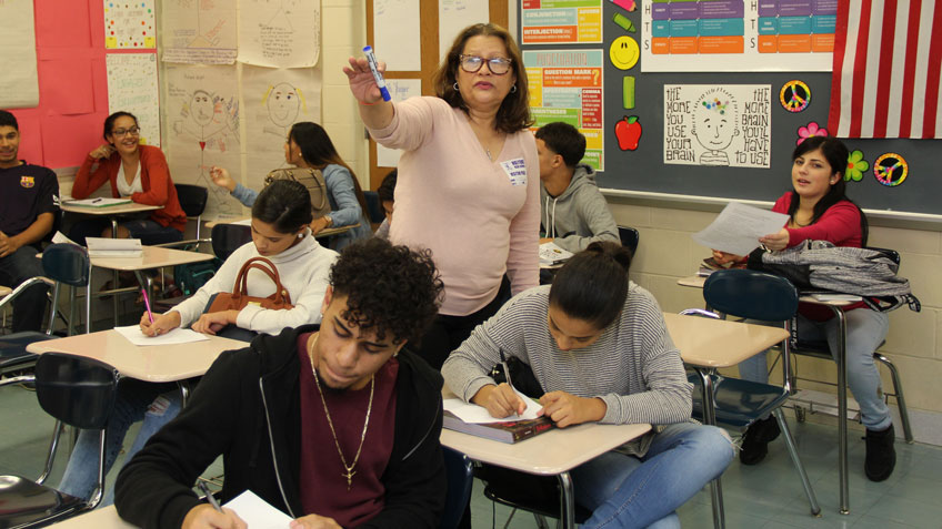 HCC adjunct Santa Garcia teaches a class at Holyoke High School.