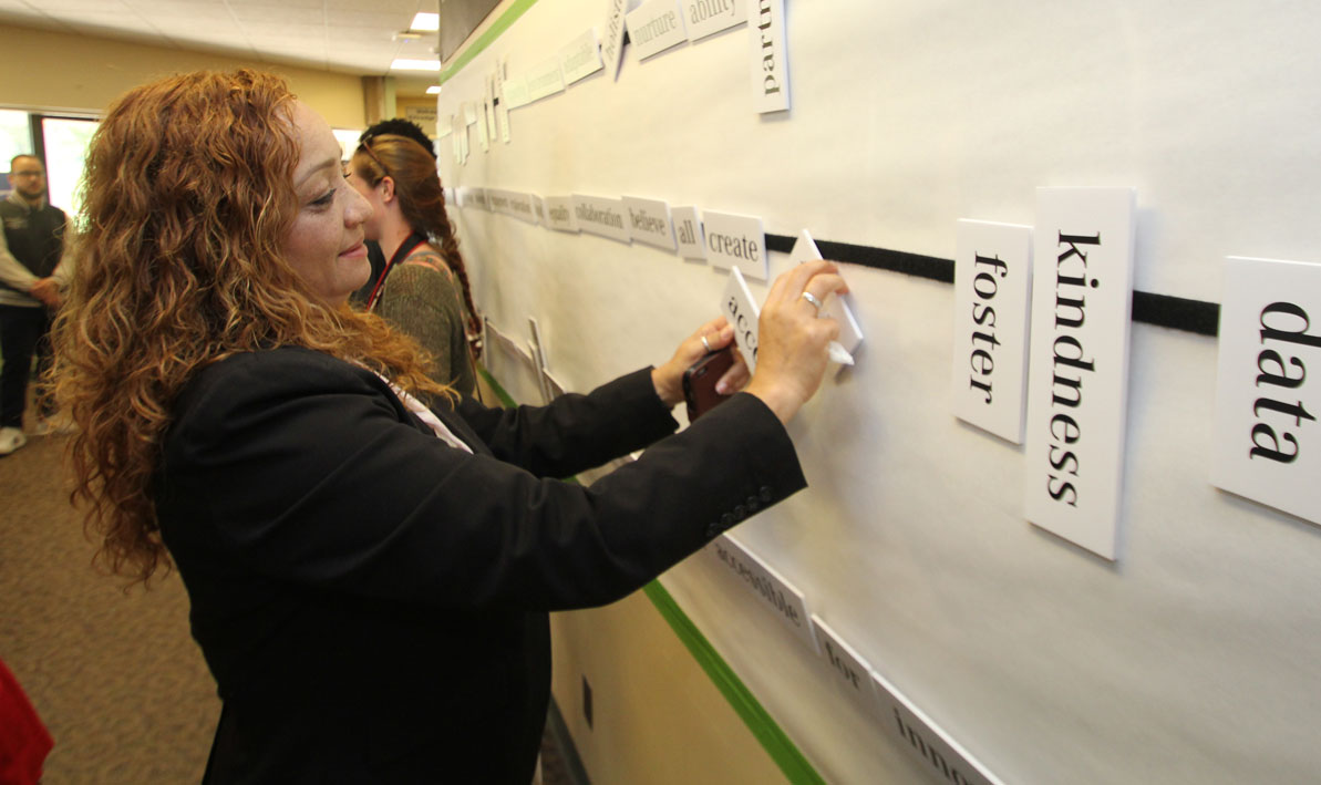 Myriam Quinones, coordinator of HCC Multicultural Academic Services, explores the word wall at HCC's May 23 Future Walk. 