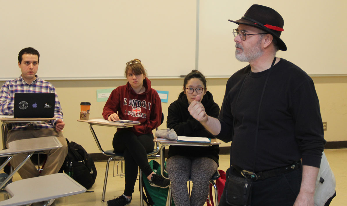 John Jarvis, a professor of Native American Studies at Bay Path University, gives a guest lecture to the HCC Learning Community class, Journey, this spring. 