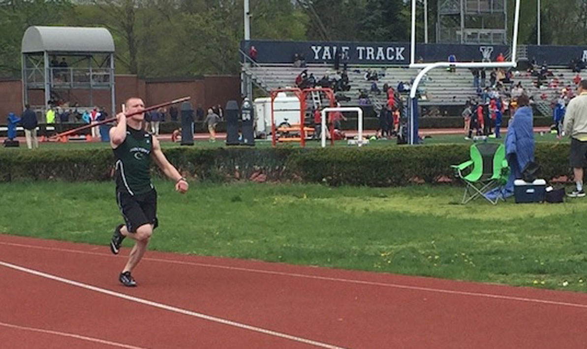 James Moriarty of South Hadley prepares to throw the javelin earlier this season during a track and field tournament at Yale University where he finished first. 
