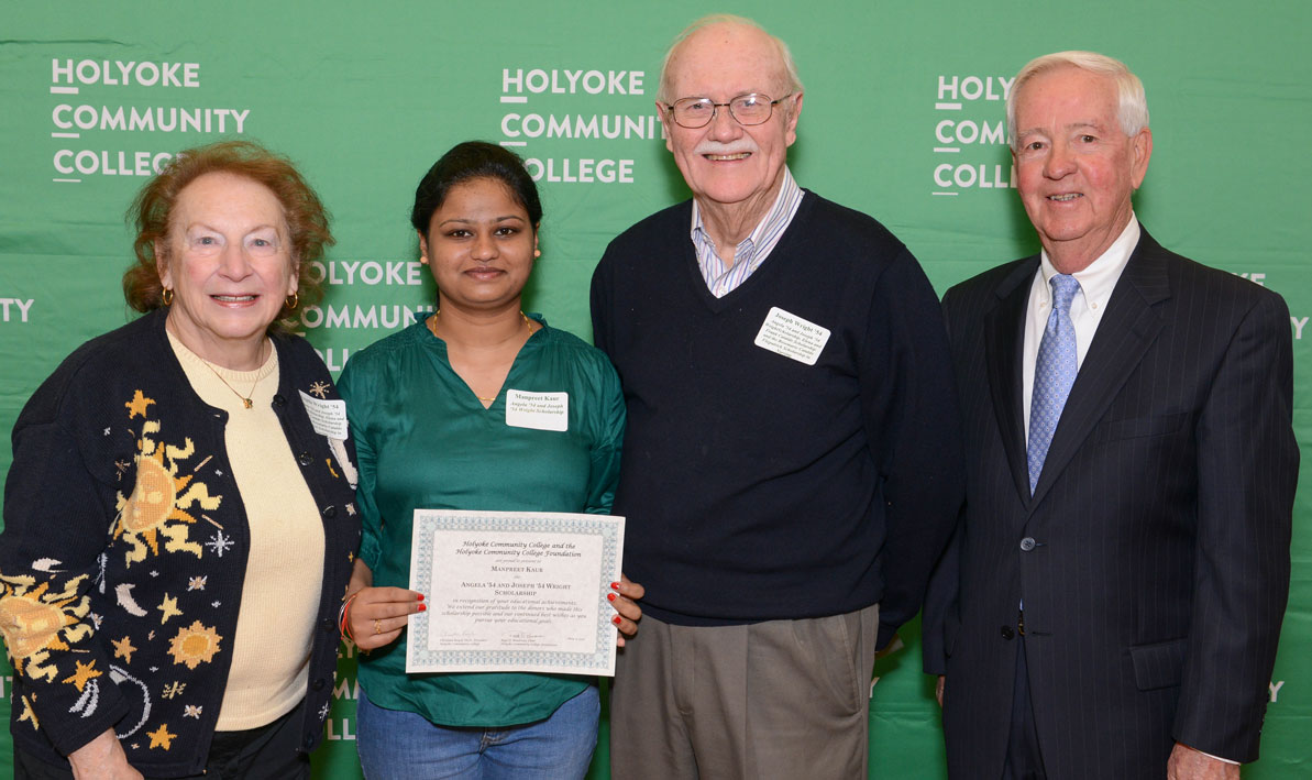 Joseph Wright ’54, center, and his wife Angela ’54, left established one of the first foundation scholarships at HCC, with 2017-2018 scholarship recipient Manpreet Kaur and HCC Foundation board member Frances Kane ’56.