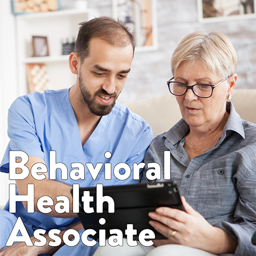 A behavioral health associate chats with a patient. Text reads Behavioral Health Technician.