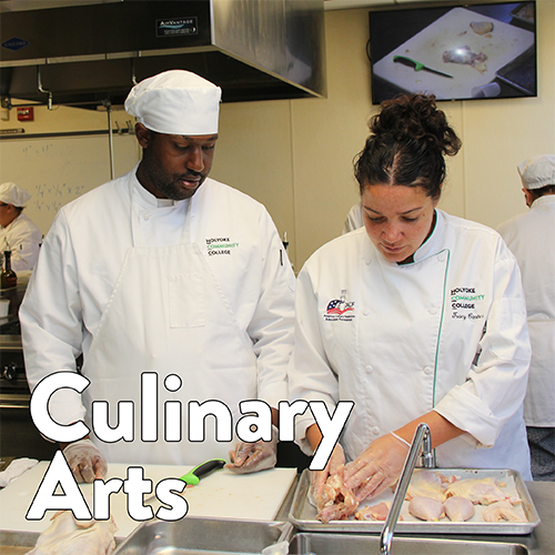 A culinary arts student and instructor work in a kitchen at the HCC MGM Culinary Arts Institute. Text reads Culinary Arts