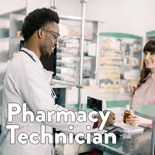 A pharmacy tech hands an item to a customer. Text reads Pharmacy Technician.