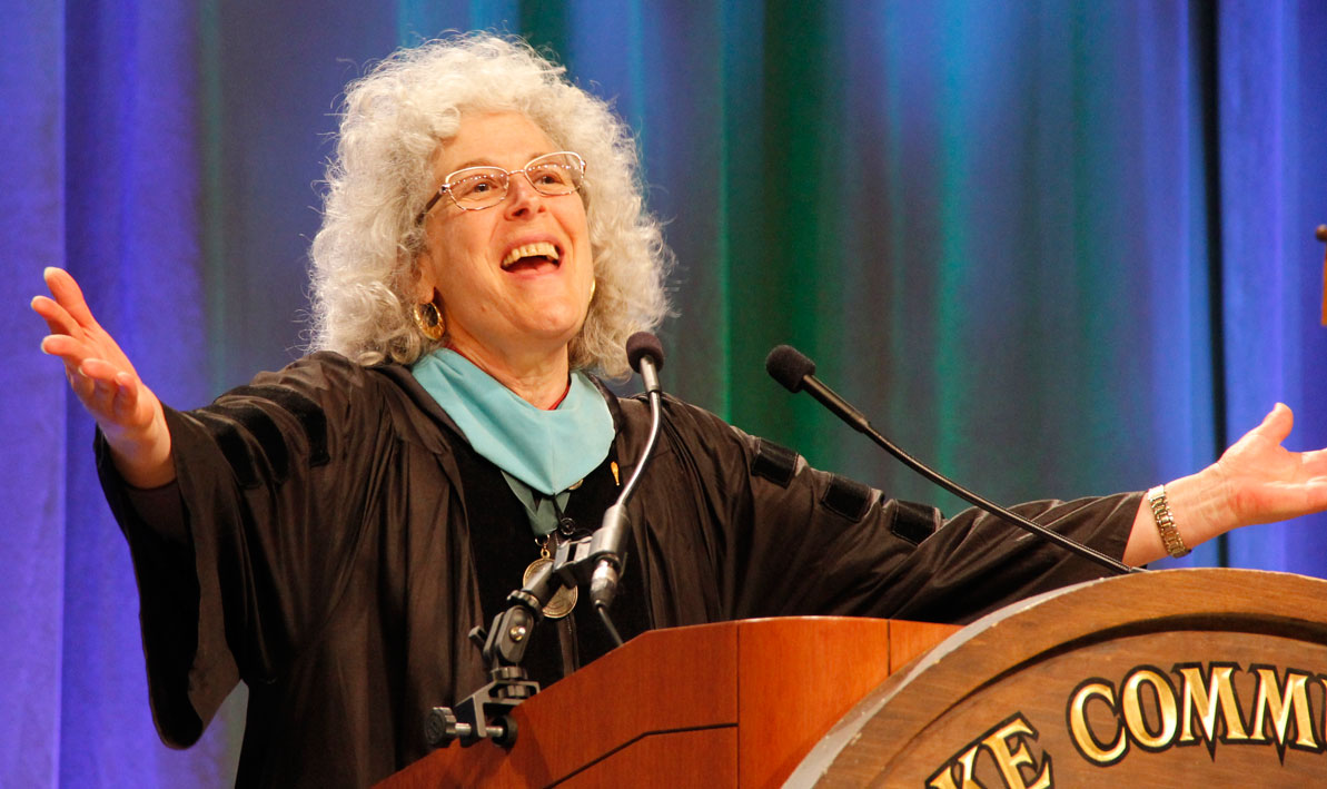 ESL professor Vivian Leskes addresses the Class of 2017 at HCC's 70th annual Commencement May 27 at the MassMutual Center in Springfield. 