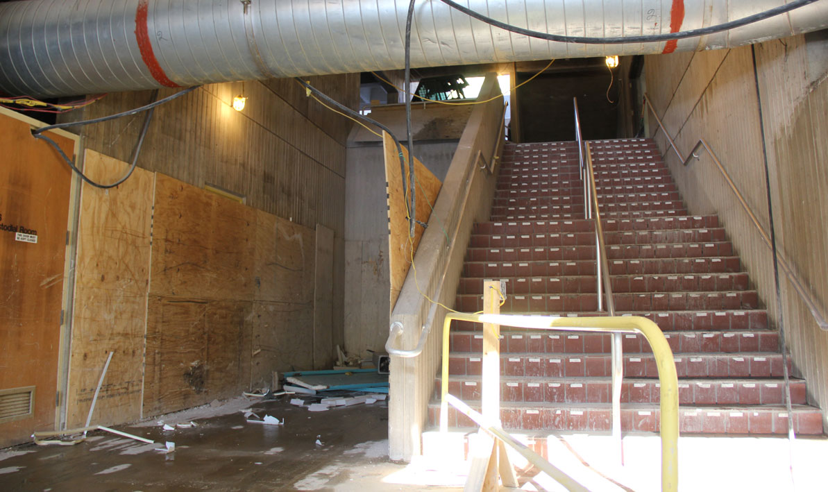 The first floor lobby looking up the stairs 