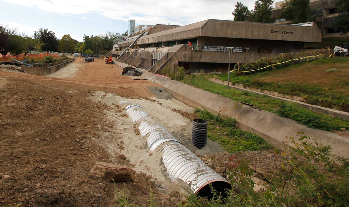 Current view of the Campus Center with Tannery Brook now running underground. 