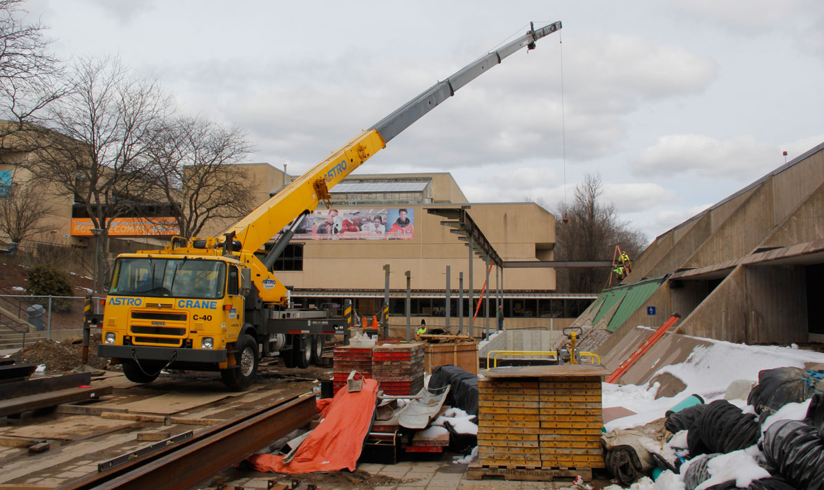 Work crews begin framing the new atrium leading inside the Campus Center. 