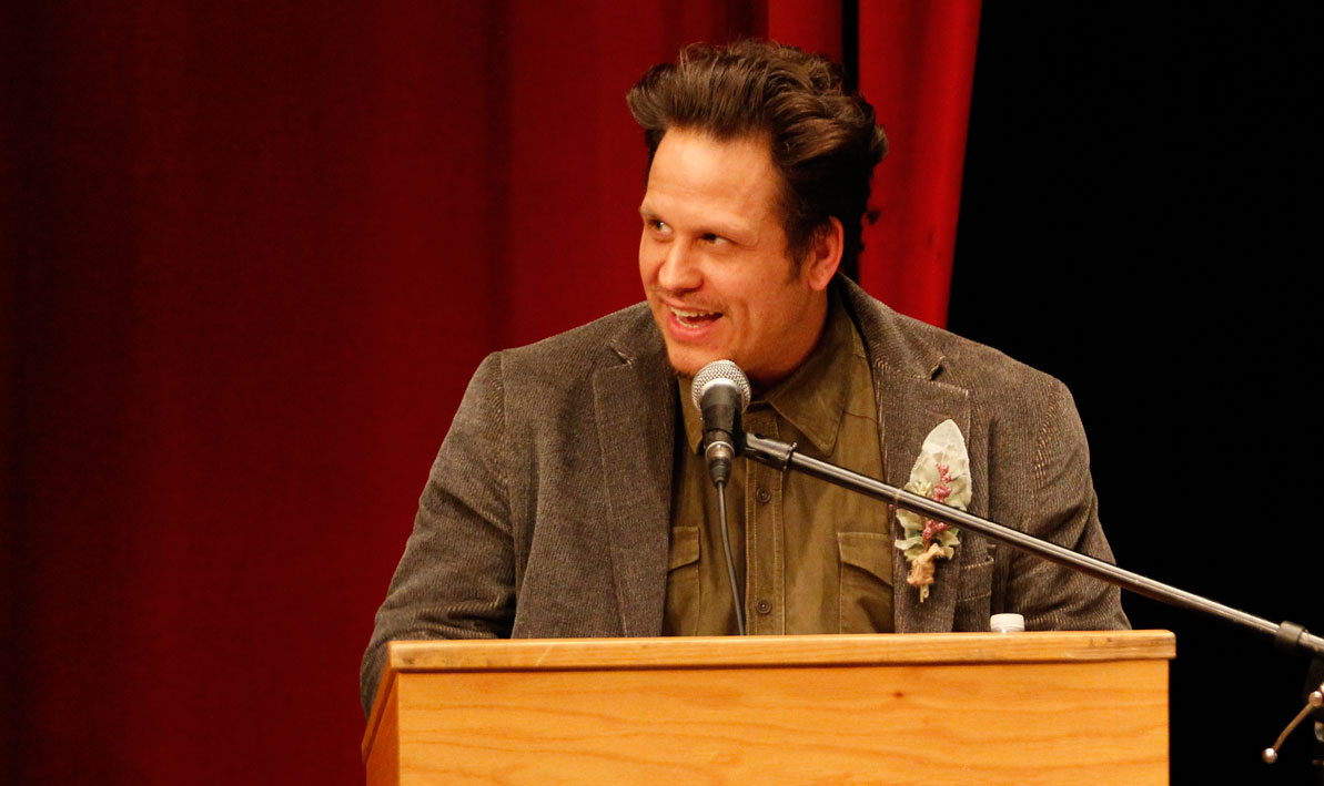 Keith Hazel gives the keynote speech during this year's College for a Day event at HCC.