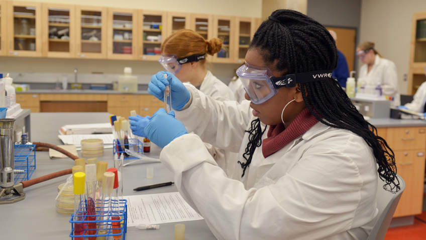 Two HCC students work with lab equipment 