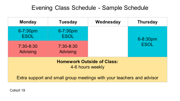 Sample evening class schedule