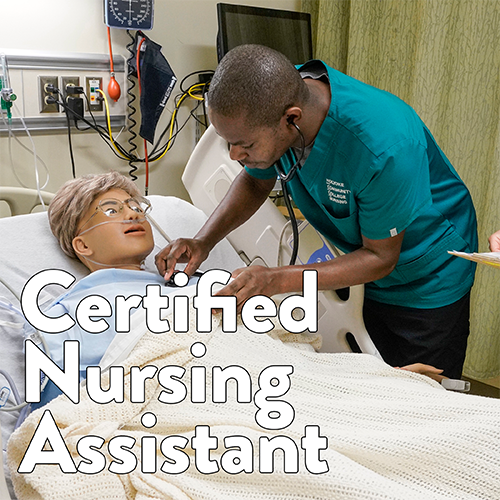 A medical student examines a patient simulator with an instructor. Text reads Certified Nursing Assistant.