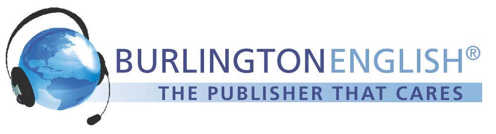 The Burlington English graphic is a blue globe of the world wearing black headphones next to the phrase Burlington English, the publisher that care. 