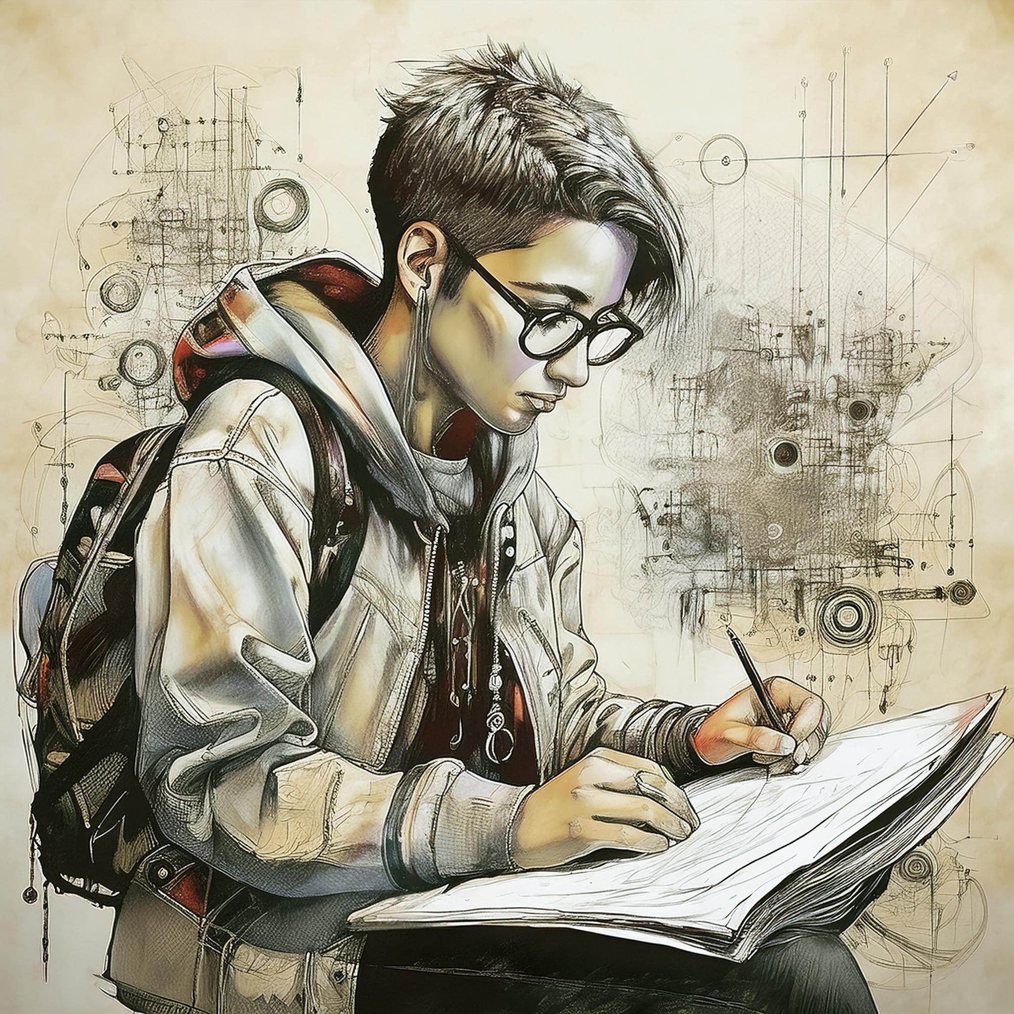 Firefly graffiti style art of non binary Student researching a paper