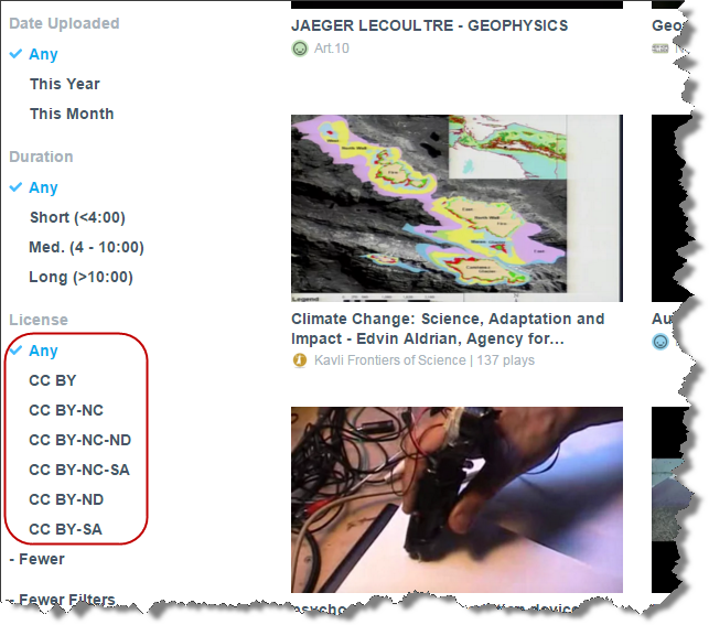 Screenshot: search page with creative commons licenses circled