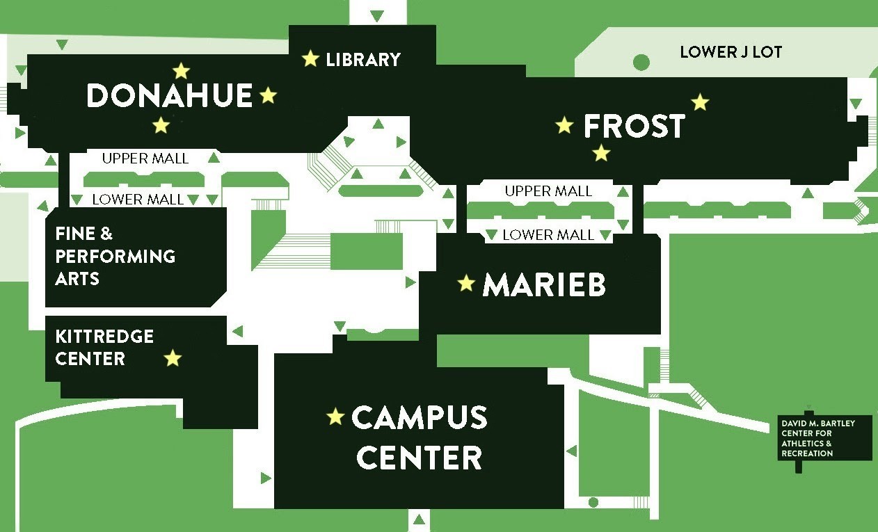 A campus map of HCC with yellow stars identifying the Student Engagement office and Thrive Center