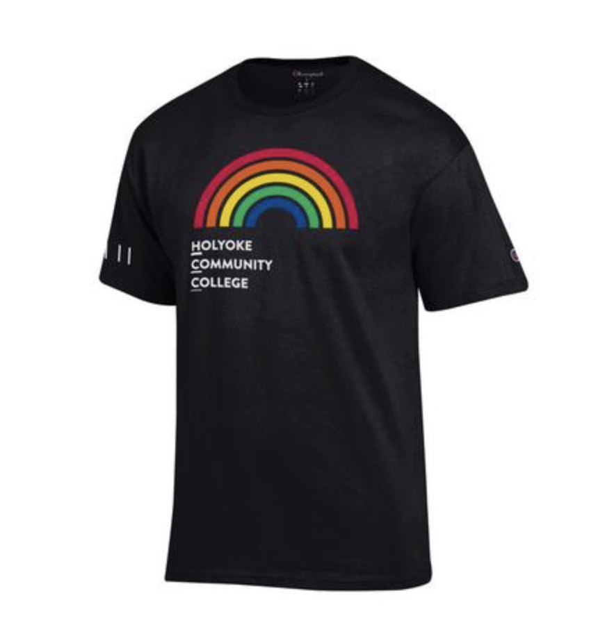 A black tshirt with a rainbow and the hcc logo